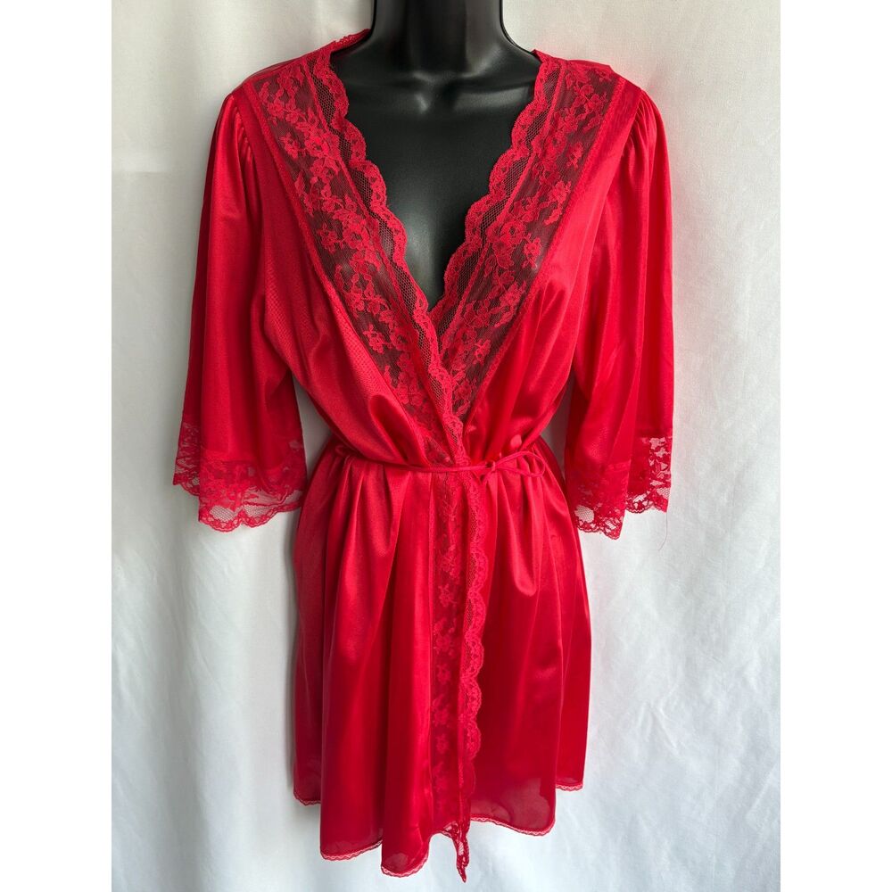 Vintage JC Penney Red Nylon Lace Robe Kimono Size M Romantic Lingerie Retro Sexy